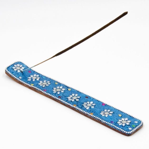 Blue sparkly glitter incense burner with silver flower accents.