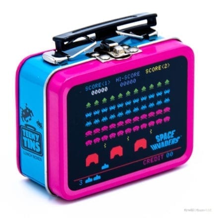 Tiny Tins Space Invaders Series 1 Mini Lunchbox Tote - Blue & Pink with Black Handle.