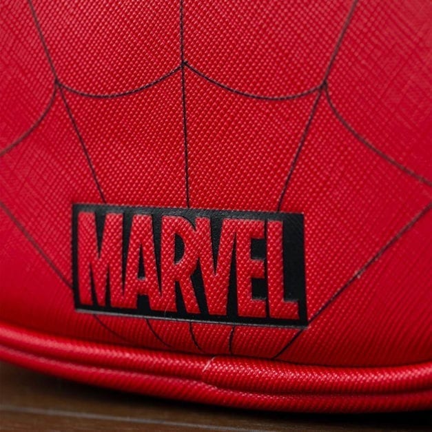 Close-up photo of the Marvel logo on the POP! Spider-Man purse by Loungefly