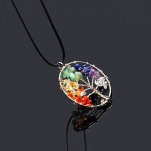 7 Chakra Tree of Life Pendant with Cord necklace set against a black background.