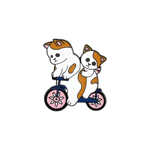 Two cats riding a bike enamel pin.