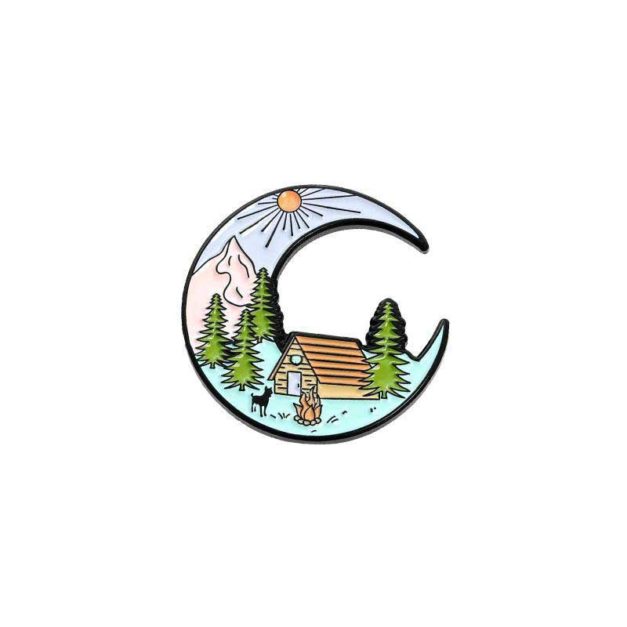 Crescent moon great outdoors enamel pin close up image