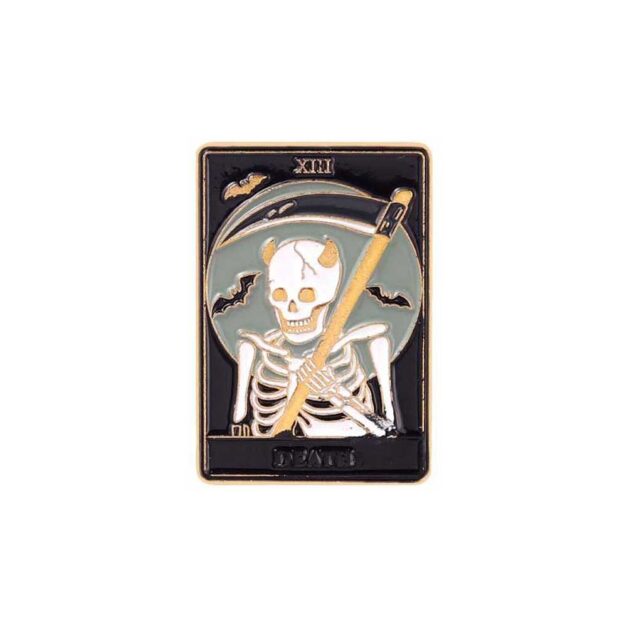Death tarot card enamel pin close-up photo.