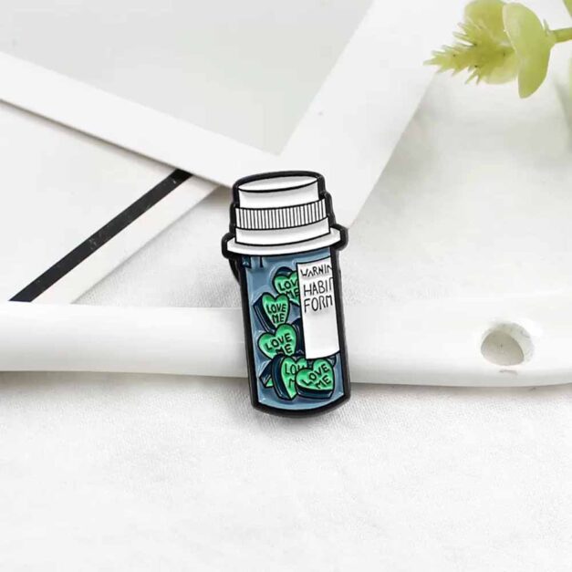 Love Me Candy Pill Bottle Enamel Pin Close Up