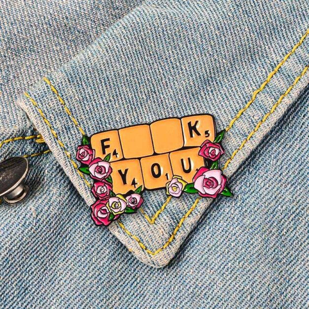 F**k You Floral Word Puzzle Enamel Pin - On Denim