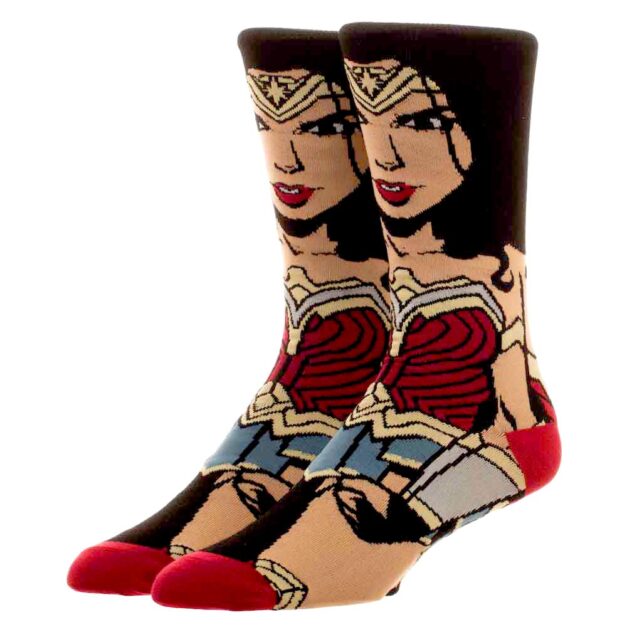 DC Comics Wonder Woman 360 Character Socks modeled on mannequin feet.