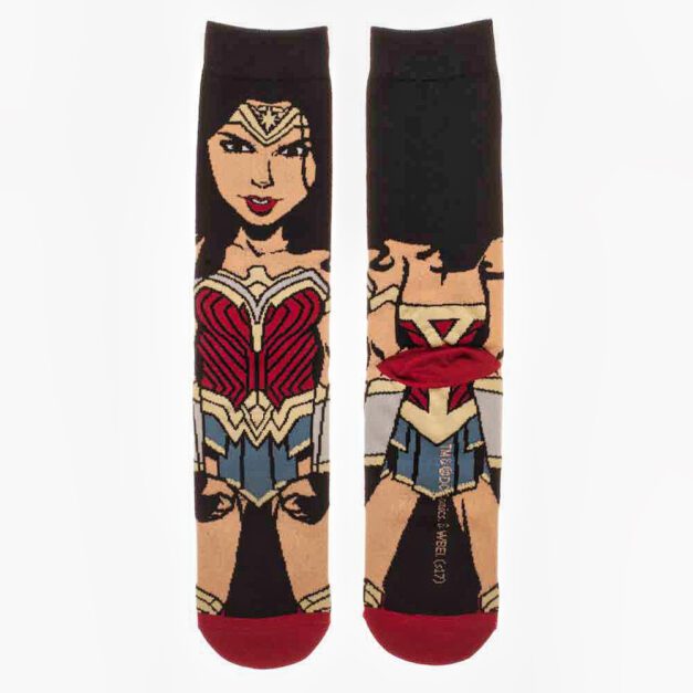 DC Comics Wonder Woman 360 Character Socks laid flat side by side to see front and back design.