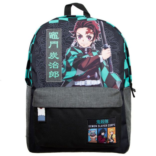 Demon Slayer Themed Checker Laptop Backpack Front View Featuring Tanjiro Kamado
