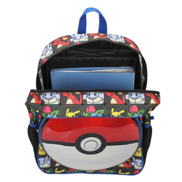 Pokemon Backpack open with books and folders