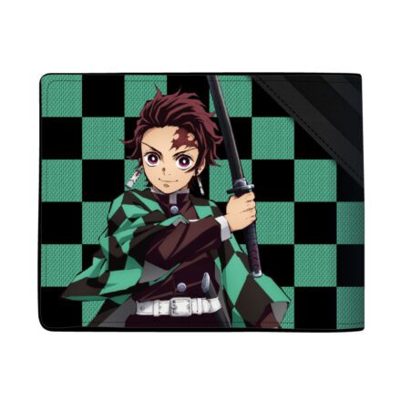 Front view of BIOWORLD Demon Slayer wallet with Tanjiro and checkered pattern