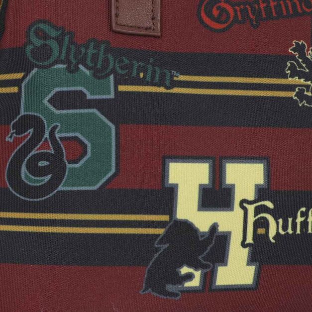 Close-up of Slytherin and Hufflepuff house icons on Hogwarts Lunch Tote