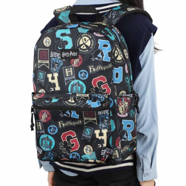 Harry Potter House Icons AOP Laptop Backpack Model wearing backpack