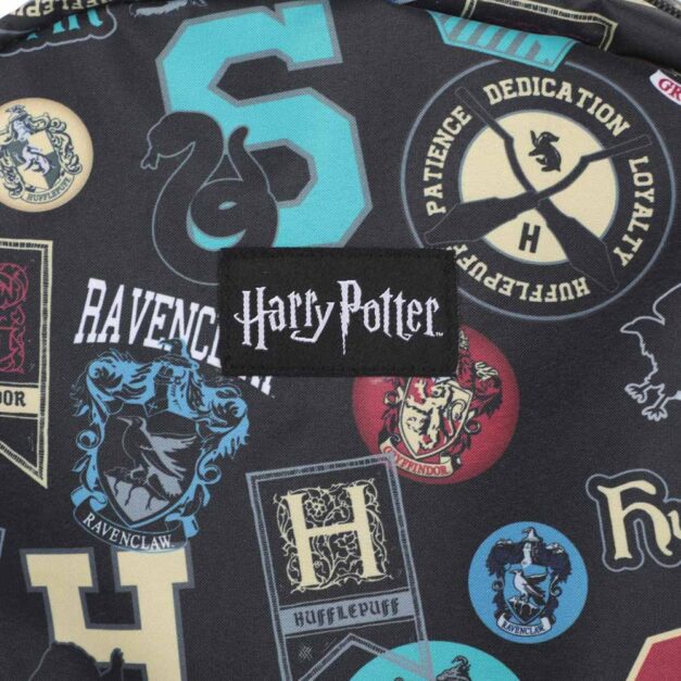 Harry Potter House Icons AOP Laptop Backpack Close up of Harry Potter icon and print