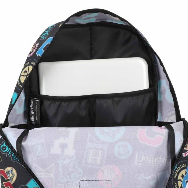 Harry Potter House Icons AOP Laptop Backpack Interior of backpack with laptop showing the pocket for the laptop