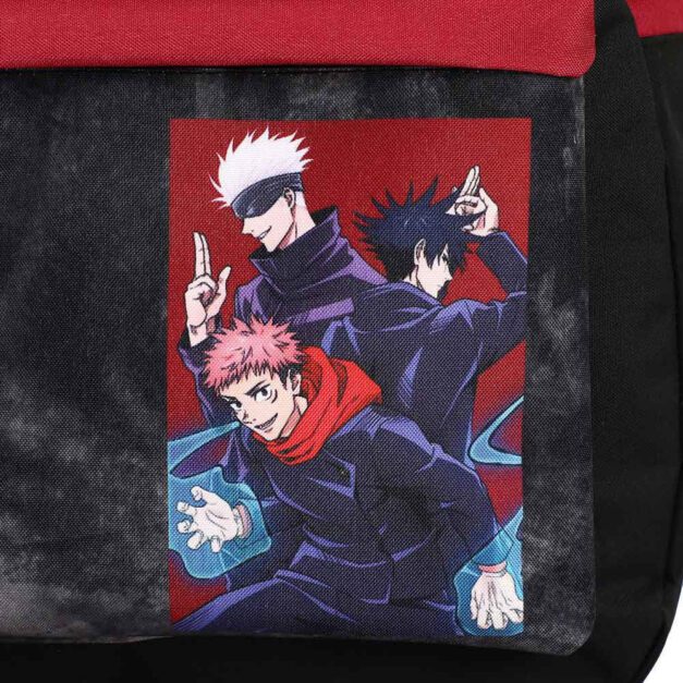 Close-up of Jujutsu Kaisen backpack's front pocket graphic