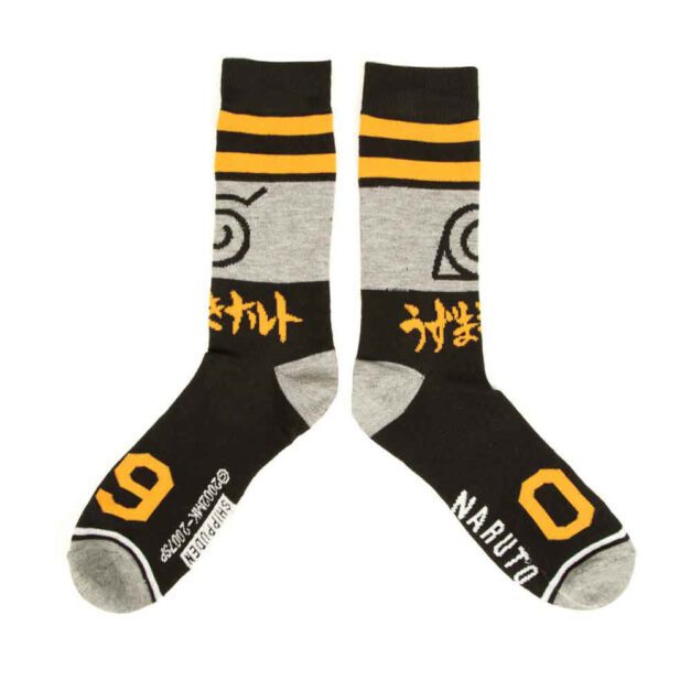 Naruto Ichiraku Ramen 3 Pair Crew Socks Box Set Close up of 2nd pair of black and grey socks with hidden leaf icon