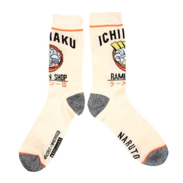 Naruto Ichiraku Ramen 3 Pair Crew Socks Box Set Close up of 1st off white design with Ichifaku Ramen Design