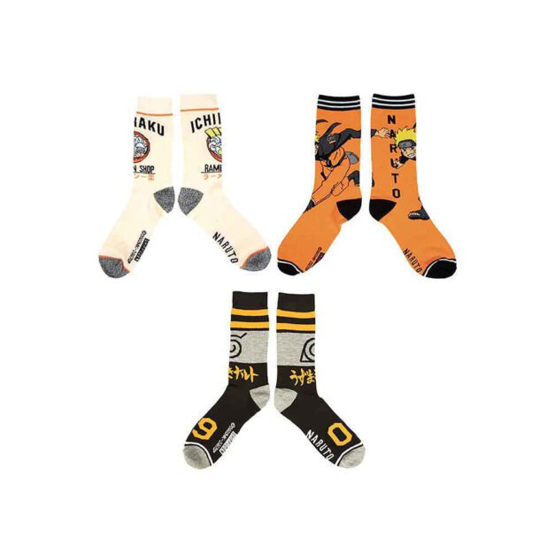 Naruto Ichiraku Ramen 3 Pair Crew Socks Box Set Image showcasing all three designs of socks