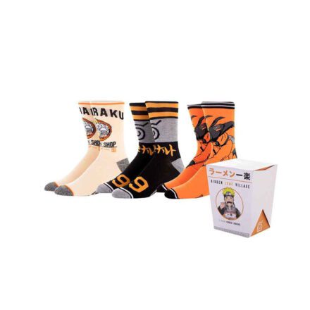 Naruto Ichiraku Ramen 3 Pair Crew Socks Box Set All three sock designs with cool ramen chinese style takeout box packaging