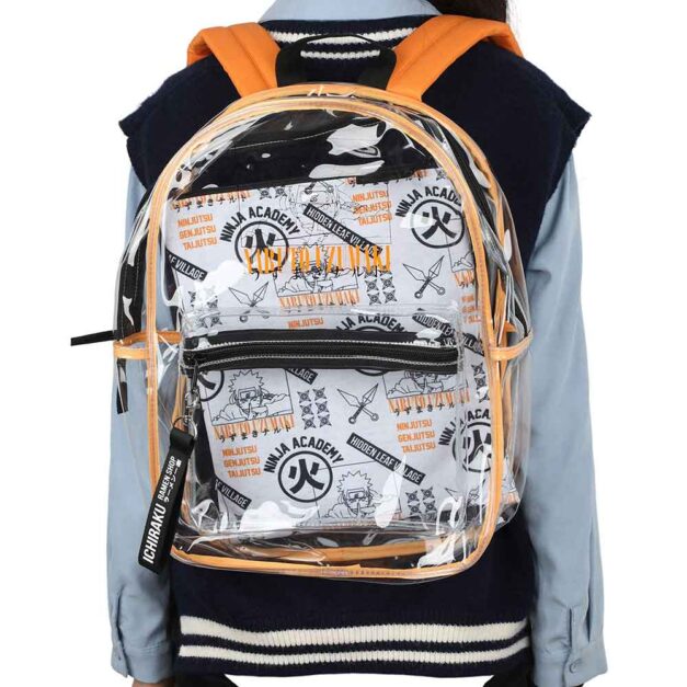 Model wearing Naruto backpack with utility case