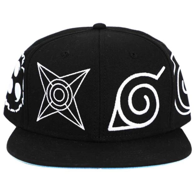 Naruto Village Symbols Flat Bill Snapback Hat Front of cap showing various Naruto symbols