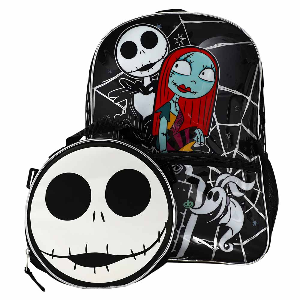 Front view of The Nightmare Before Christmas backpack with Jack face lunch tote detached.
