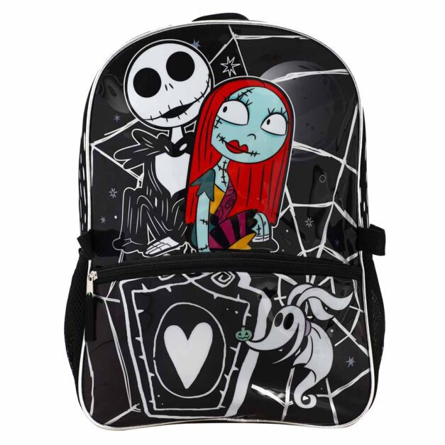 Front view of The Nightmare Before Christmas backpack with Jack and Sally design.