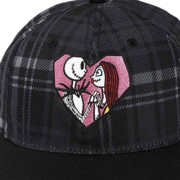 Close-up of detailed embroidery of Jack and Sally on Nightmare Before Christmas hat.