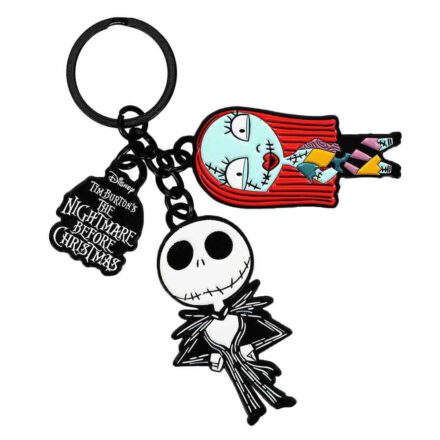 Close-up of Nightmare Before Christmas Jack & Sally Multi Charm Keychain.