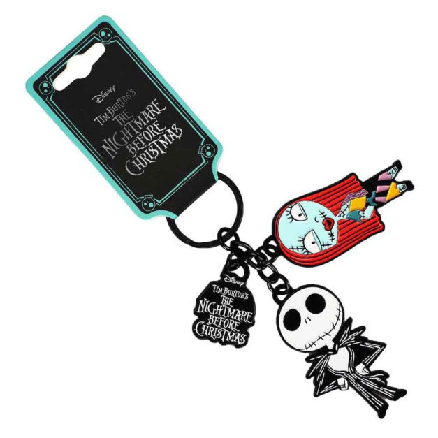 Nightmare Before Christmas Jack & Sally Keychain with charms displayed alongside its packaging.