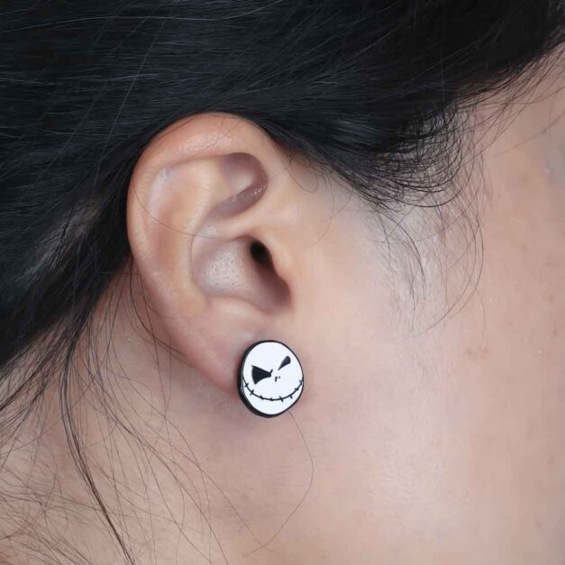 Mischievous Jack Face Earrings from The Nightmare Before Christmas Worn by Model
