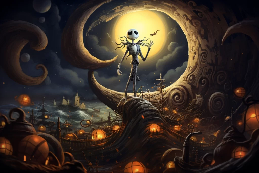 AI Generated image of Character Jack Skellington on a hilltop in Tim Burtonesque Style. 