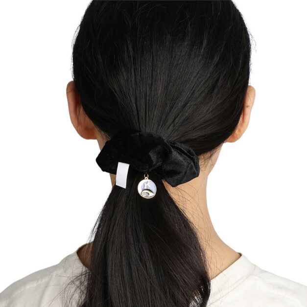 Model Wearing Black Jack and Sally Scrunchie with Medallion