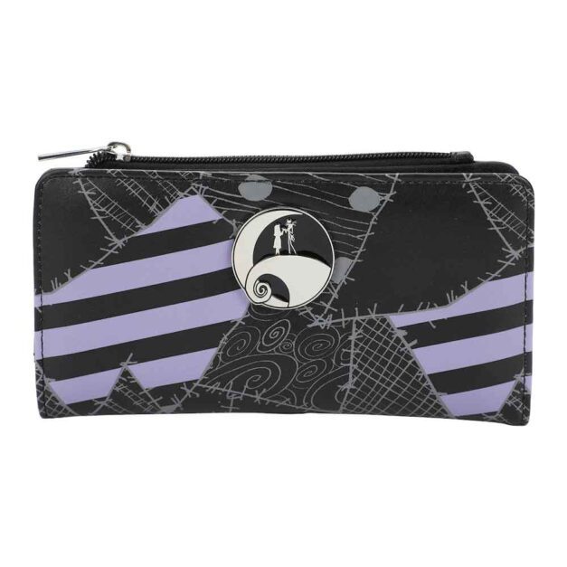The Nightmare Before Christmas Jack & Sally Bi-Fold Wallet Front of wallet showing a patchwork design and Jack and Sally emblem
