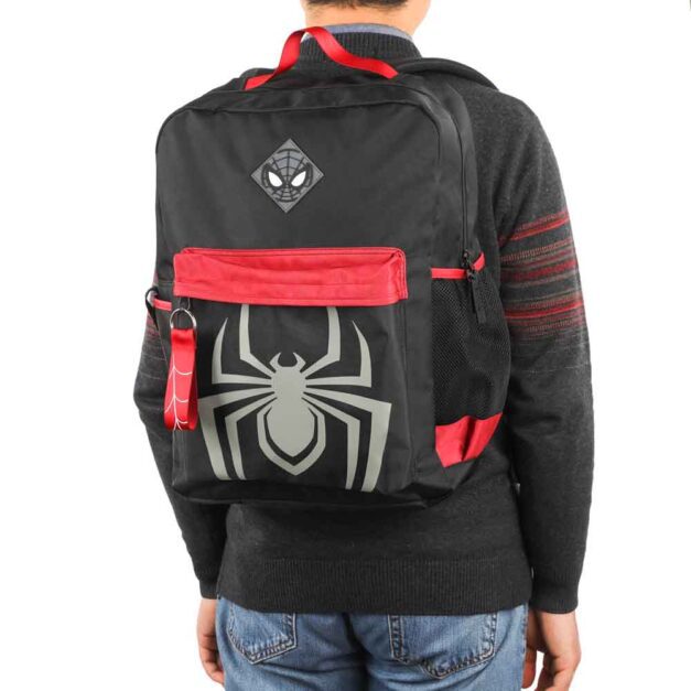 Model Sporting Spider-Man Miles Morales Backpack