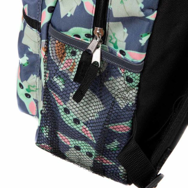 Close-up of the side mesh slip pocket of the Grogu Youth Backpack on DriftPhase.com.