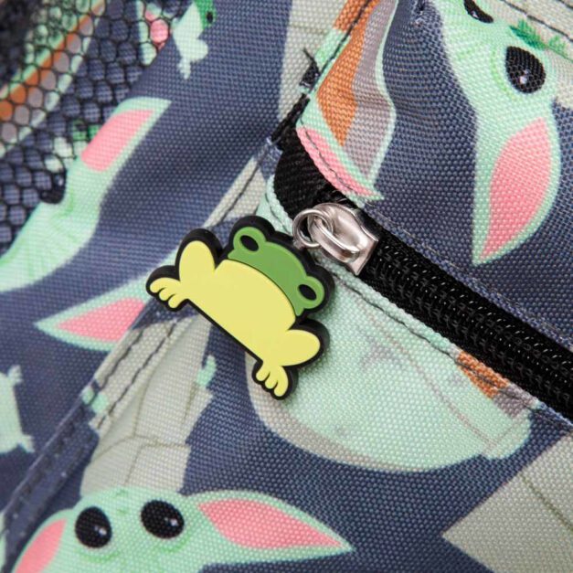 Close-up of the rubber zipper charm on the Mandalorian Grogu Youth Backpack on DriftPhase.com.