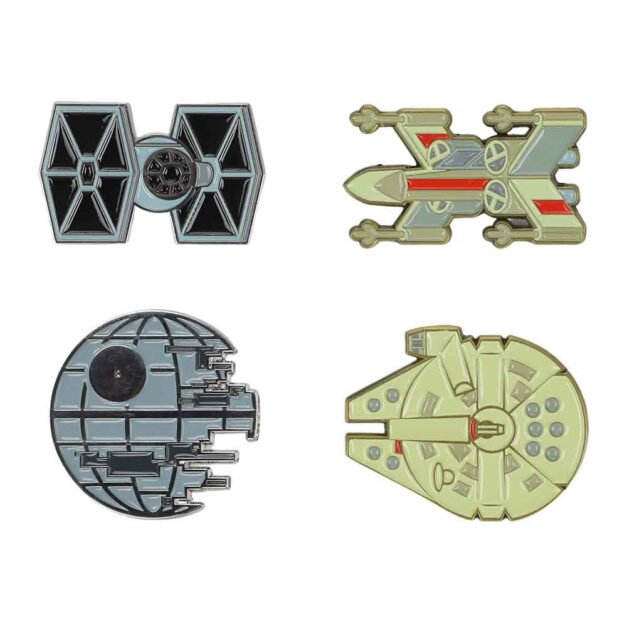 Close-up of the 4-piece Star Wars enamel pin set on a white background on DriftPhase.com.