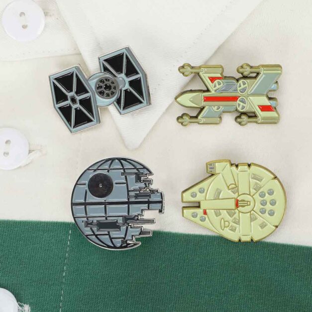 Star Wars enamel pin set displayed on a canvas tote on DriftPhase.com.