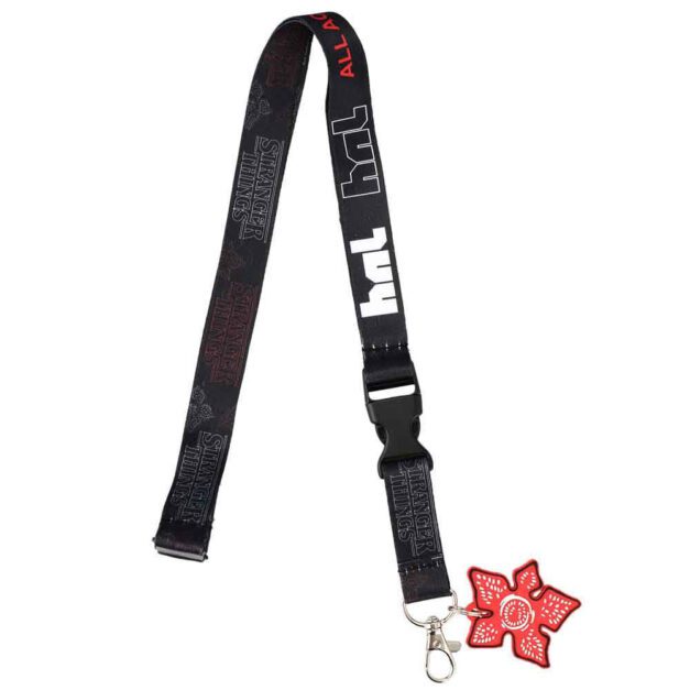 View of the entire Stranger Things NHL Dr. Brenner Lanyard with rubber Demogorgon charm.