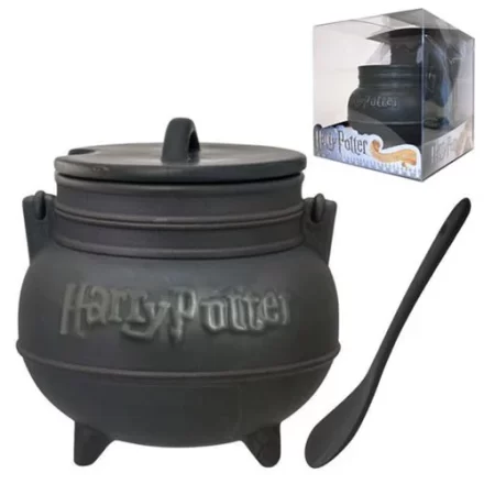 Harry Potter Black Cauldron Ceramic Soup Mug with Spoon close-up detailed view